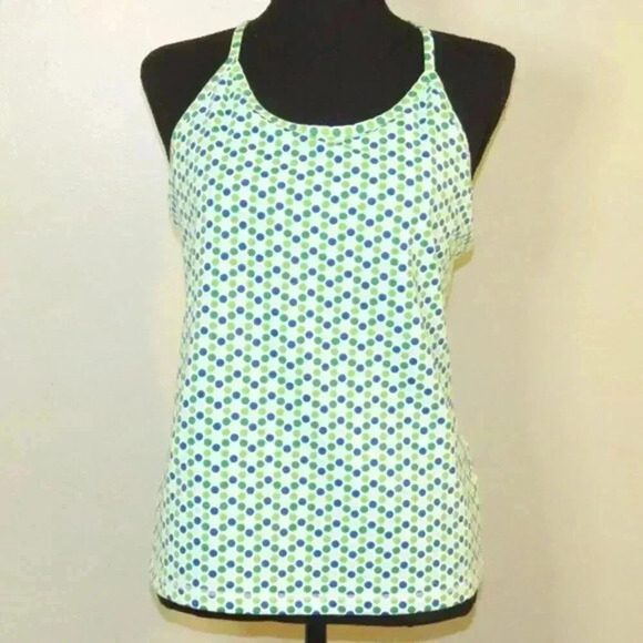 Lands' End Tops - Lands End Green Blue Polka Dot Racer Back Tank Shelf Bra Size 10-12